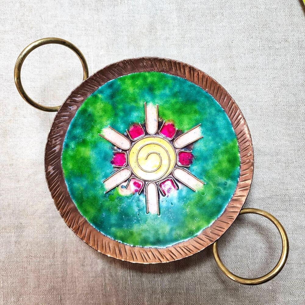 Vintage Round Copper Enamel Jewelry Tray-Unique Boho Trinket Dish with Handles